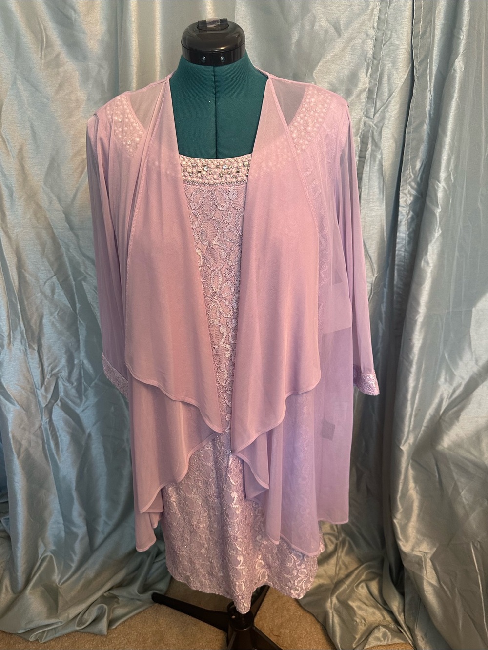 R & M Richard’s Lilac Lace Cocktail Dress with Sheer Jacket